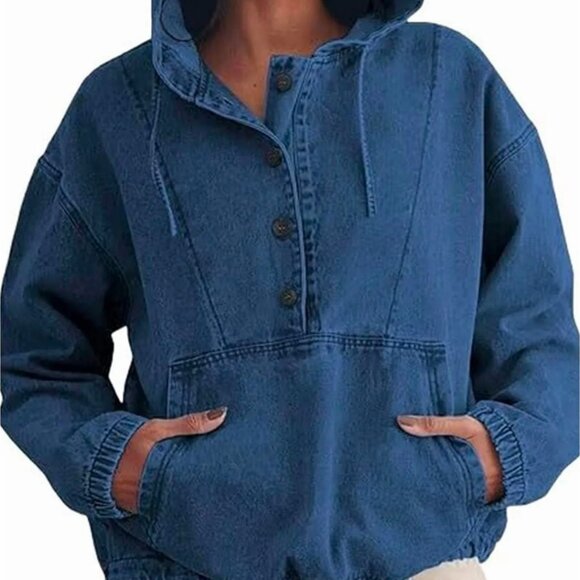 Women's Denim Pullover Hoodie - Picture 3 of 6